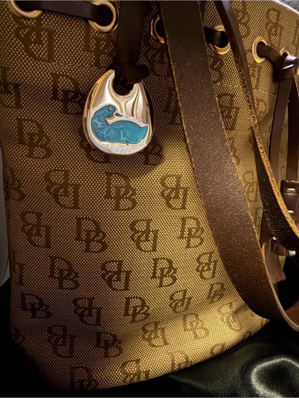 Vintage Dooney & Bourke Signature Monogram Bucket Bag, Teal Duck Fob, Made in US